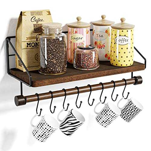 Alsonerbay Floating Shelves Wood Kitchen Shelves Wall Mounted,Rustic Storage with 8 Removable Hooks Small Floating Shelf with black Metal and dark brown Wood for Kitchen Bathroom Bar