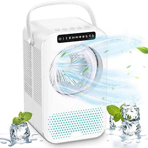 SUPALAK 4-IN-1 Mini Air Cooler, Personal Air Conditioner Portable Evaporative Fan Mobile Cooling Fan, Humidifier, purifier,2/4H Timer, 3 Wind Speed, 600ml Water Tank,7 Color Light, UV Lamp