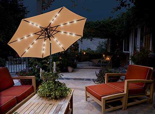 GlamHaus Garden Parasol Tilting Table Umbrella with Crank Handle, Protection UV 40+ Solar LED Lights 2.7m, Additional Parasol Protection Cover, Gardens and Patios - Robust Steel (Sand)