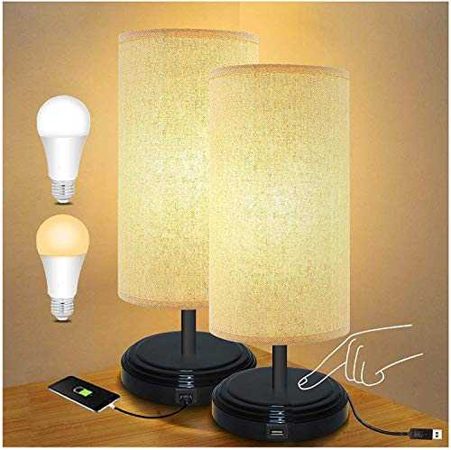 BRTLX USB Touch Sensor Bedside Table Lamp, DC5V Dimmable Nightstand Desk Lamp with USB Charging Port and Fabric Shade Ideal for Living Room Children Bedroom Pack of 2(4 LED E27 6W Bulbs Included)