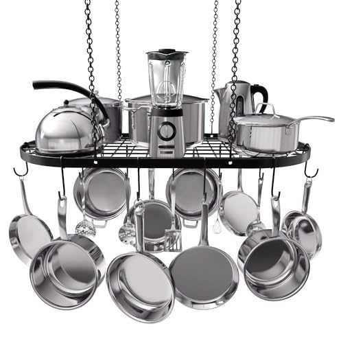 Vdomus Pot and Pan Ceiling Rack, Mounted Cookware Storage Rack, Hanging Pot and Pan Suspended Organizer with 15 Hooks (33 x 17 Inch) for Kitchen Organization