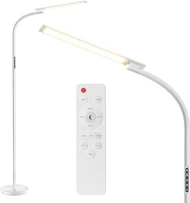 LED Floor Lamp with Remote Control and Timer Function, Stepless Adjustable 3000K-6000K Colors and 20-100% Brightness, 12W Reading Floor Lamp with Night Light, Used for Desk and Floor (White)