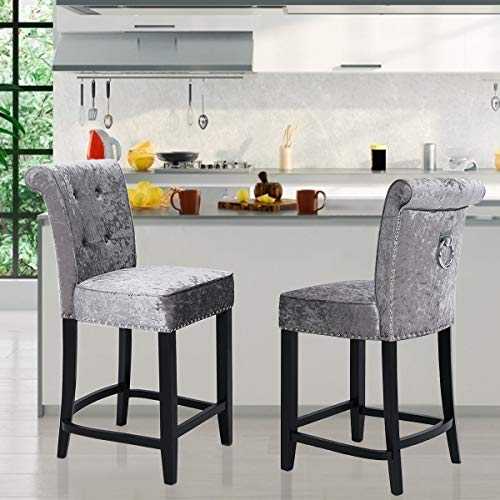 Warmiehomy Bar Stools Set of 2 Bar Chairs Soft Ice Velvet with Upholstered Seat Breakfast Dining Chair Set for Counter, Kitchen and Home High Stools with Backrests & Footrests, Dark grey