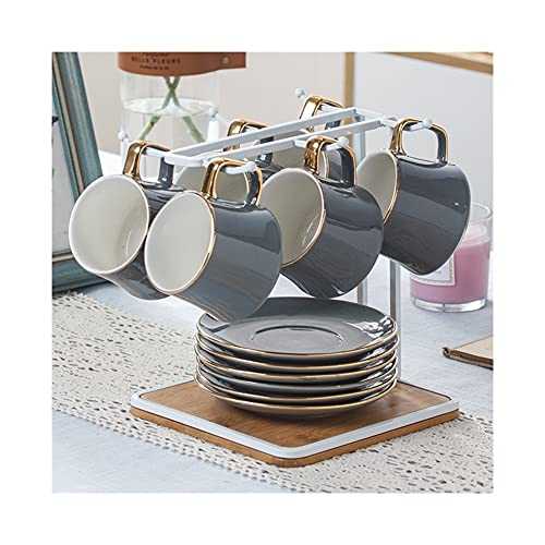 Coffee Tea Cup Sets Phnom Penh Ceramic Afternoon Tea Set Teacup Set of 6 with Cups Sauce Metal Stand for You Kitchen (Color : Light Gray)