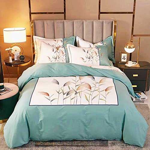INJOY HOME DECOR Premier Quality Luxury 100% Pure Cotton Duvet Cover Set 4 Pieces Flower Green Teal White Print Duvet Cover Set with Matching Sheet Pillowcases 4PCS Bedding Set Bed Linen