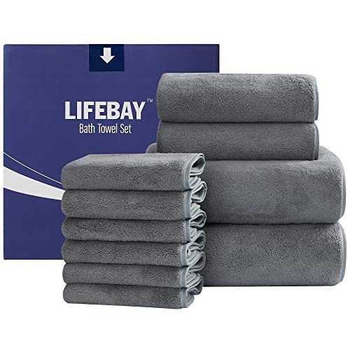 Lifebay Large Bath Towels Set, 10-Piece Ultra Soft Towels for Bathroom, Absorbent Beach Towels Oversized, Quick Dry Microfiber Hair Towel for Bathroom, Beach, Pool, Gym, Yoga(10-Piece, Ultimate Gray)