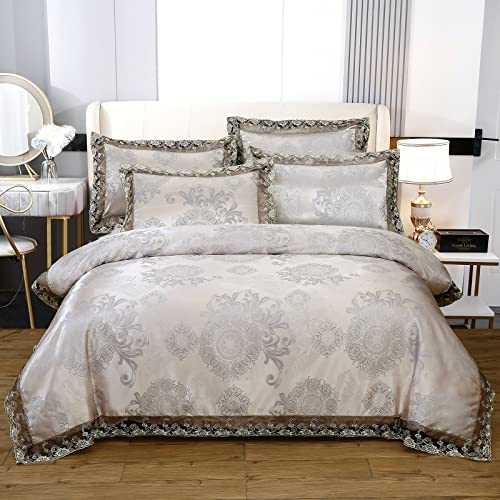 Beyeutao Lace Jacquard Duvet Cover,Luxury Bedding,Elegant 3-Piece Duvet Covers,Bedding Sets Double Size,No Comforter. (Gray, Double)