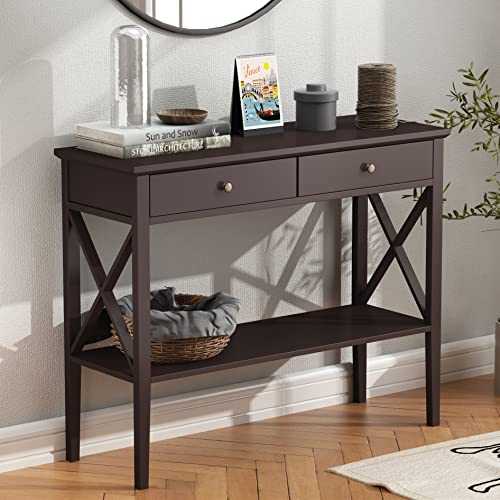ChooChoo Console Sofa Table Classic X Design with 2 Drawers, Entryway Hall Table, Accent Table Easy Assembly (Espresso)