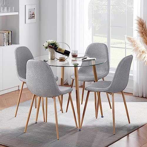 GOLDFAN Round Glass Dining Table and 4 Chairs Modern Kitchen Dining Table and PU Leather Cushion Chairs Dining Table Set,90CM/Grey