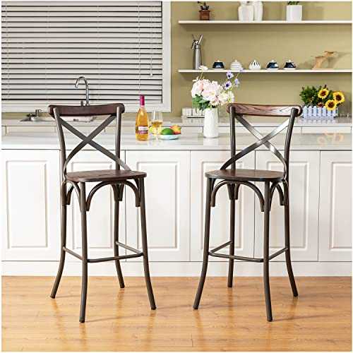 Glitzhome 43" H Rustic Steel Bar Stool with Solid Elm Wood Seat and Back Support Kitchen Bar Height Stool Chairs, Set of 2