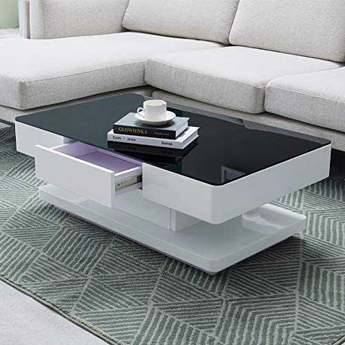 TUKAILAI Living Room High Gloss Glass Coffee Table with Black Tempered Glass and 2 Storage Drawers Large Wooden Rectangular Sofa End Tea Table for Office Waiting Reception Home Furniture