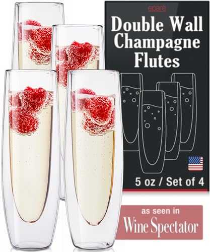 Eparé Champagne Flutes - 5oz Set of 4 - Stemless Sparkling Wine Glasses - Wine Flute for Weddings and Bridal Showers