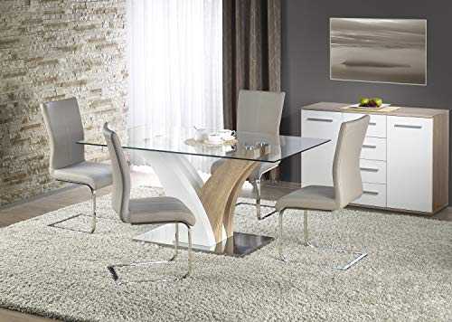 Vilmer MDF White High Gloss and Oak Veneer & 160 cm Clear Glass Top Dining Table