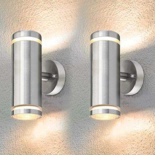 2 x Exterior Outdoor Up Down Wall Light IP65 Transparent Diffuser Stainless Steel ZLC308-F Use with LED GU10 Bulb Only