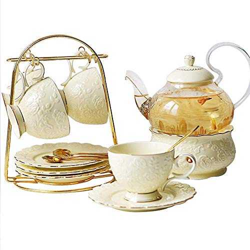 afternoon tea sets for adults, Gold Rose Porcelain Tea Cup Glass Teapot British Style 15 Piece Tea Set Gift Set For Household