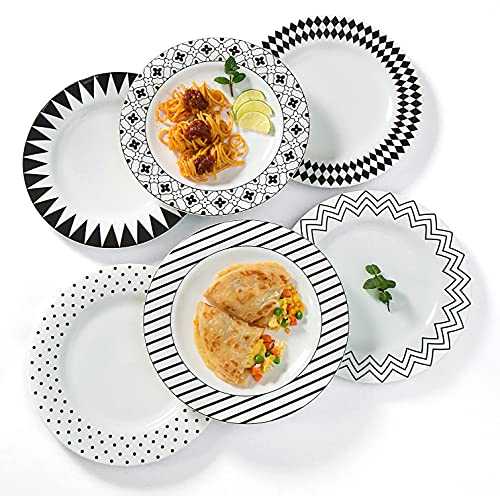 AnBnCn Dinner Plates Ceramic Plate Set - 10 Inch Large Porcelain Round Plate Sets of 6 - Flat Black and White Pattern Dining Plates for Kitchen| Family - Microwave | Dishwasher | Oven Safe