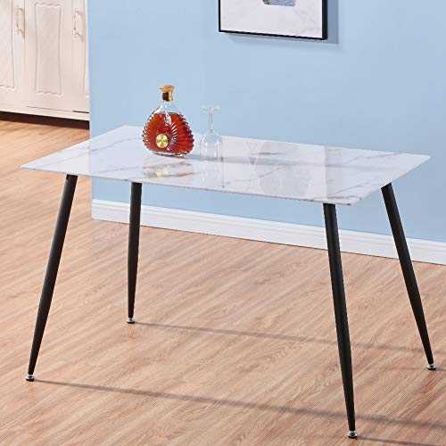 GOLDFAN Glass Dining Table Retro Marble Effect Kitchen Coffee Table with Black Metal Legs for Dining Room Office Lounge,120cm