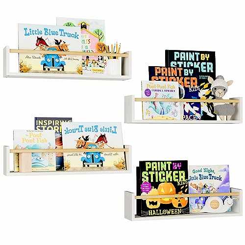 Fixwal Nursery Book Shelves, 16.5 Inch Floating Bookshelf for Kids Bedroom Decor & Playroom Decor, Set of 4, Solid Wood Wall Mounted Shelves for Books, Toys and Decor Storage (White and Natural Wood)