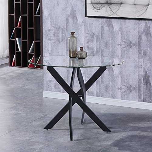 GOLDFAN Round Glass Dining Table Modern Chrome Kitchen Table with Black Metal Legs(Table Only)