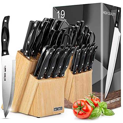 HOBO Knife Set, 19-Piece Premium Kitchen Knife Set With Wooden Block | Japan Stainless Steel Chef Knife With Knife Sharpener & 8 Steak Knives, Perfect Knife Set Gift
