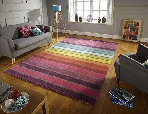 Lord of Rugs Illusion Candy Thick Modern Hand Tufted Wool Stripes Design Rainbow Coloured Rug in 4 Sizes (200 x 290 cm (6'7''x9'6''))