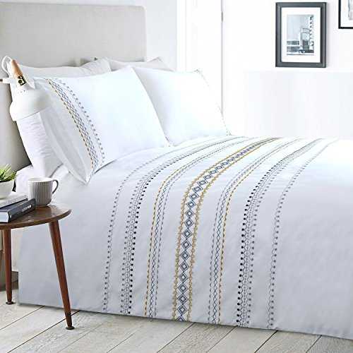 YINFUNG White Double Duvet Cover Quilt Cover Bedding Set 3PC Geo 200TC Striped Embroidered Patterned Polycotton Soft Luxury Double Bed 200 x 200