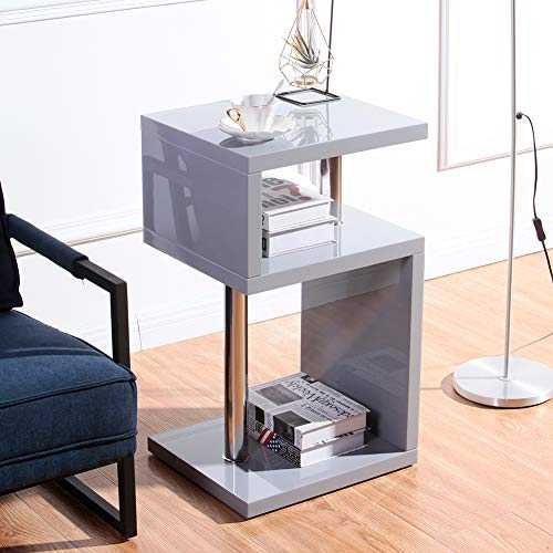 GOLDFAN High Gloss Side End Table S Shape Coffee Table with 2 Tier Storage Shelves Bedside Tables for Living Room Lounge,Grey