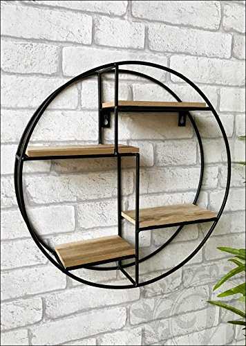 Black Metal Circle Round Wall Unit with Wooden Shelves Industrial Style Four Levels Iron Display