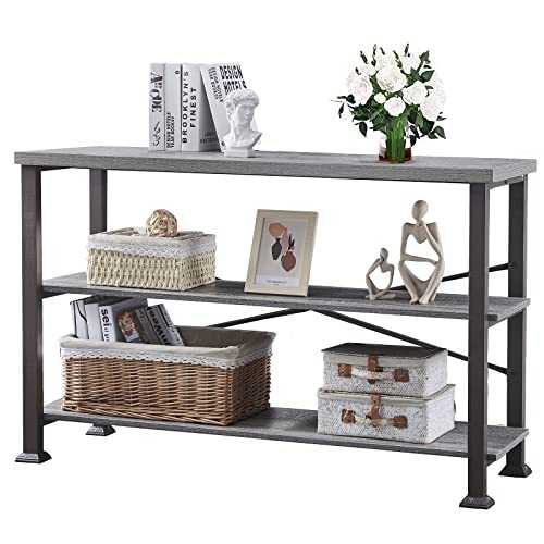 Hombazaar 3 Tier Console Sofa Table, Industrial Rustic Entryway Table with Storage Shelf for Living Room, Hallway, Grey Oak Finish, 47-Inch Long