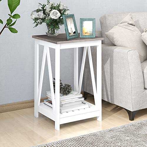 UYIHOME Farmhouse Square End Table, Accent Side Table with Slats Design, Sofa Side Nightstand Table with Sturdy Frame for Living Room Bedroom, Oak Grey