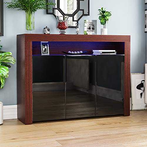 Vida Designs Nova 3 Door Modern LED Sideboard in Walnut & Black, RGB Lights (Fade/Strobe Options Included), Wooden Matte Style with High Gloss Features