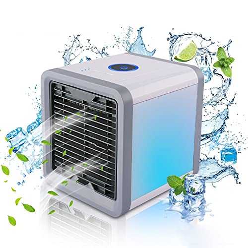 Air Cooler Portable,4-in-1 USB Evaporative Air Conditioner Humidifier Purifier Cooling Fan with 3 Speeds,7 LED Light,Mobile Air Conditioning for Home Office Desk Outdoors Travel