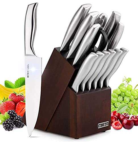 HOBO Knife Set, 14 Piece Kitchen Knifes Set with Block Wooden, Germany high-Carbon Stainless Steel Chef Knife, Bread Knife, Utility Knife, Steak Knife, Scissors