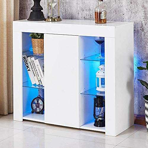 Apelila LED Sideboard Cabinet White Gloss Storage Cabinet With Glass compartment Multi-color Led Lights Furniture For Living Room