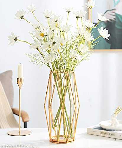 FSyueyun Gold Flower Vase Decorations for Living Room Glass Vase with Metal Holder, Modern Large Vases for Flowers as Wedding Home Office Centerpiece (11Inch)