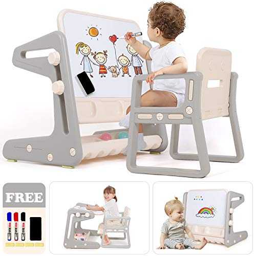 Hadwin Kids Table and Chairs, Multifunctional Children's 3-in-1 Activity Table & Study Table with Chairs, Convertible Kids Art Easel with Magnetic Whiteboard & Pen & Storage Tray for Boys Girls