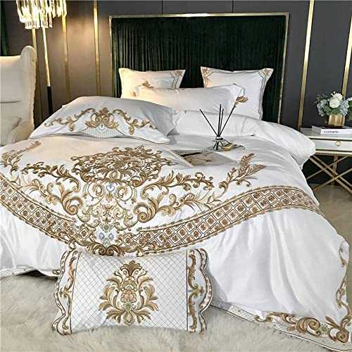 FDSGEWW Duvet Cover Double Bed Luxury European Royal Gold Embroidery 60s Satin Cotton Soft Bedding Set Duvet Cover Fitted Bed Sheet Bedspread Pillowcases-Bedding_c_2.0m Bed (4pcs) (B 1.8M BED (4PCS))
