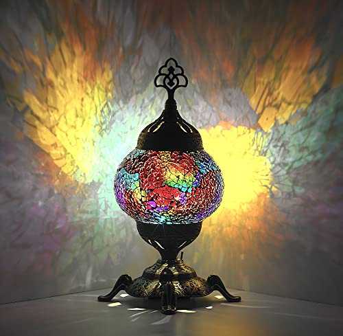 DEMMEX Battery Operated Handmade Colorful Mosaic Glass Compact Table Desk Bedside Lamp Lampshade with Antique Brass Base, Small 11x5" (Cure My Depression)