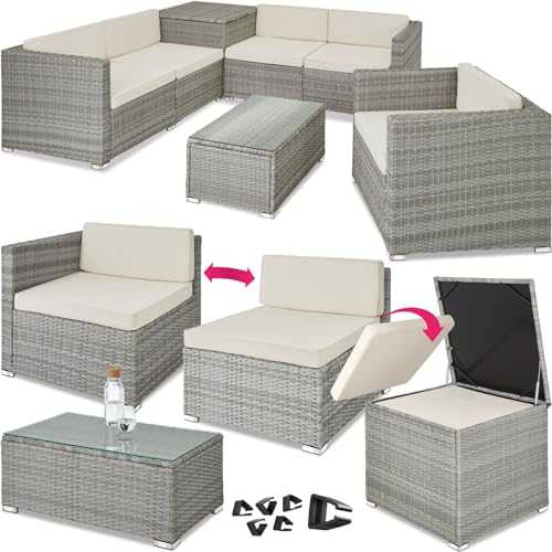 TecTake 800825 - XXL Rattan Seating Set, Limitless Combinations, Practical Storage Box for Cushions, Table with Glass Top (Light Grey)