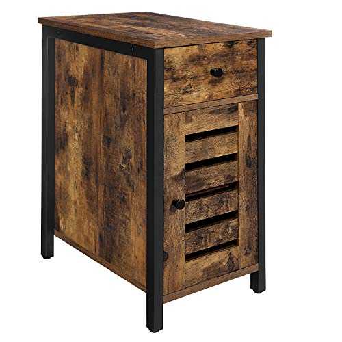 VASAGLE Side Table with Drawer, 30 cm Narrow End Table for Small Spaces, Shutter Door, Metal Frame, Industrial Style, Rustic Brown and Black LET066B01