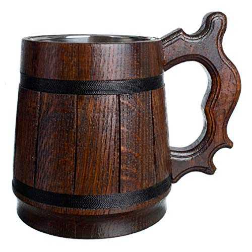 Handmade Beer Mug Oak Wood Stainless Steel Cup Natural Eco-Friendly Wooden Tankard 0.6L 20oz Classic Brown (Retro 20 oz / 0.6l)