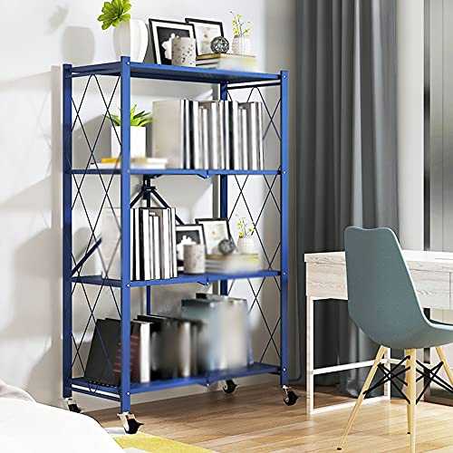 Folding Storage Shelves,4-Tier Bookshelf Multifunctional Storage Trolley with Metal Frame, for Living Room Office/Blue / 71.5x36.5x127.5cm