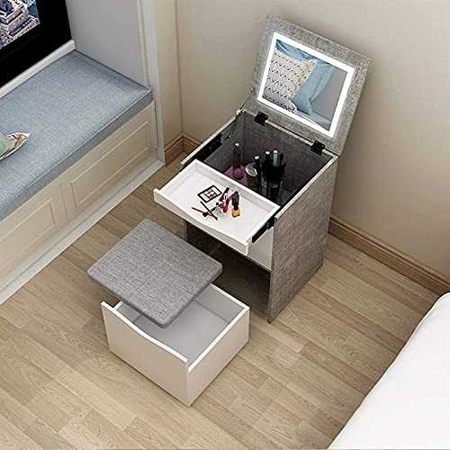 Multifunctional Small Wooden Bedside Makeup Table Storage Cabinet Grey Dressing Table With Clamshell USB Vanity Mirror And Pulley Makeup Stool (Color : Grey, Size : 50 * 35 * 60cm)