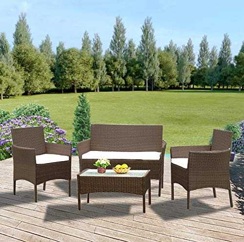 Panana Rattan Garden Furniture 4 Piece Set Coffee Table Chair Sofa with Cushions Patio Outdoor Conservatory Poolside Brown Rattan with Beige Cushion