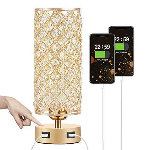 Touch Control USB Crystal Table Lamp, Aooshine Dimmable Gold Bedside Lamp with Dual USB Charging Ports, 3 Way Dimmable Touch Lamp with Gold Crystal Shade, Crystal USB Lamp for Bedrooms (Bulb Included)