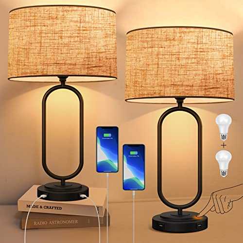 Touch Control Table Lamp Set of 2, PARTPHONER 3-Way Dimmable Modern Nightstand Lamp with 2 USB Ports Bedside Desk Lamp with Fabric Shade and Metal Base for Bedroom Living Room Hotel, Bulbs Included