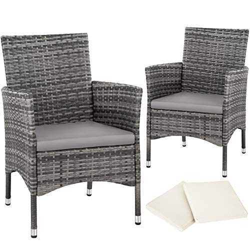 TecTake 2 x Poly rattan garden chairs set + cushions + 2 sets for exchanging the upholstery + stainless steel screws (Grey | No. 403224)