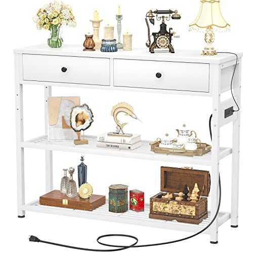 Ecoprsio Entryway Table with Outlets and USB Ports, Console Table with 2 Drawers, Small Sofa Table with Storage Shelves for Living Room, Couch, Hallway, Foyer, Kitchen Counter, 32'', White