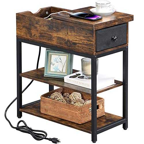 Yoobure End Table with Charging Station, Narrow Sofa Side Table with USB Ports & Outlets, Flip Top Nightstand with Drawer & 2 Storage Shelves End Table for Living Room/Bedroom/Bedside/Couch/Office