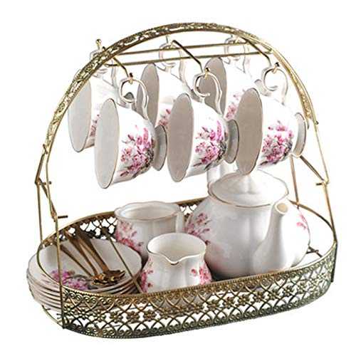DQM Household Flower Tea Cup, English Ceramic Tea Sets,tea Pot,bone China Cups with Metal Holder Matching Spoons,afternoon Tea Set Service Coffee Set